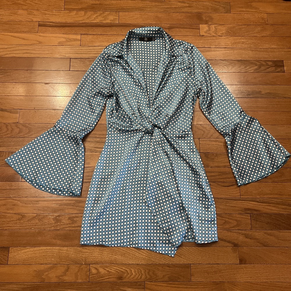 Missguided Blue Polka Dot Y2K Wrap Dress Womens US 4 UK 8 Bell Sleeve Mini Dress